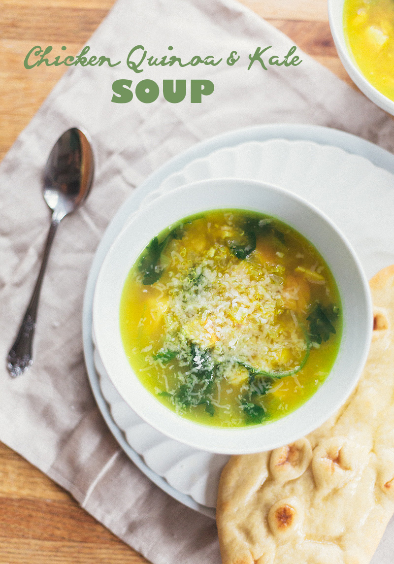 Chicken Quinoa Kale Soup in a bowl topped with parmesan cheese