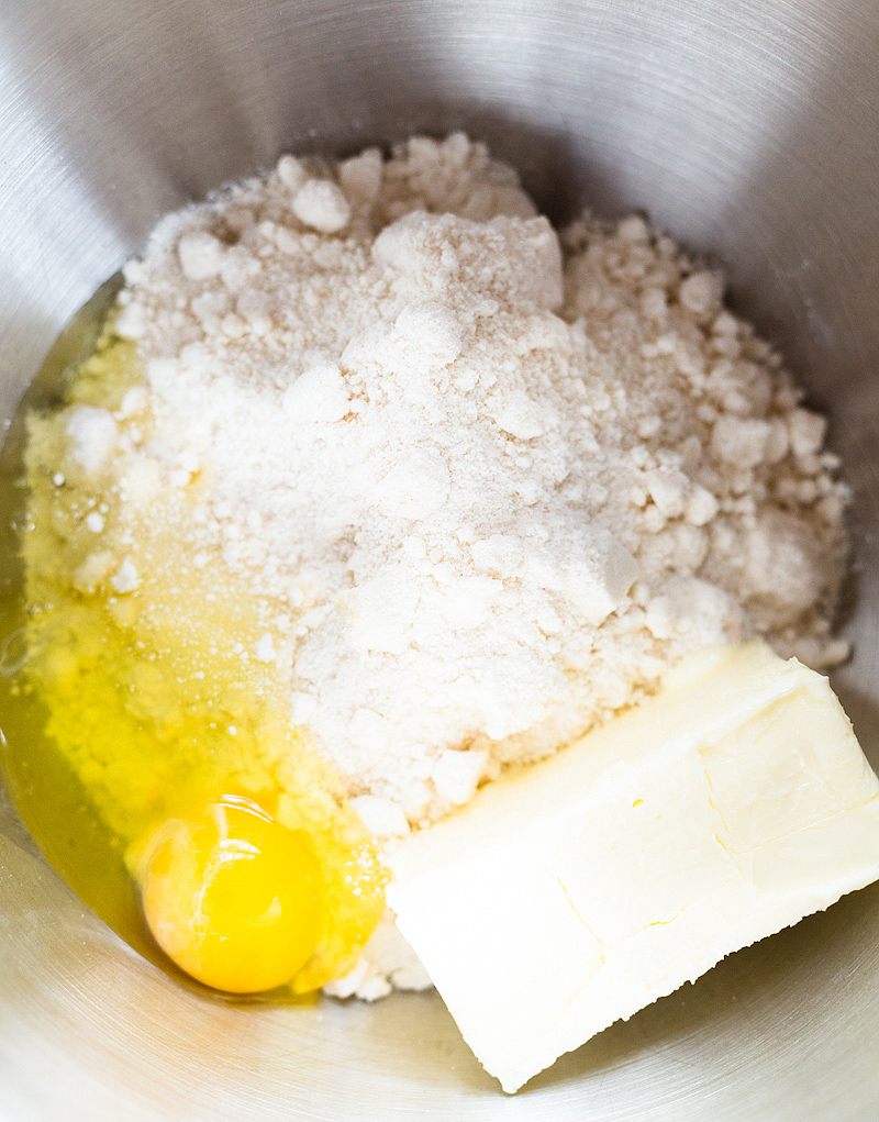 cake mix, eggs, and butter in a bowl