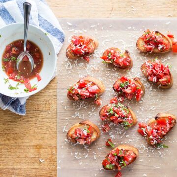 tomato bruschetta on a cutting board.