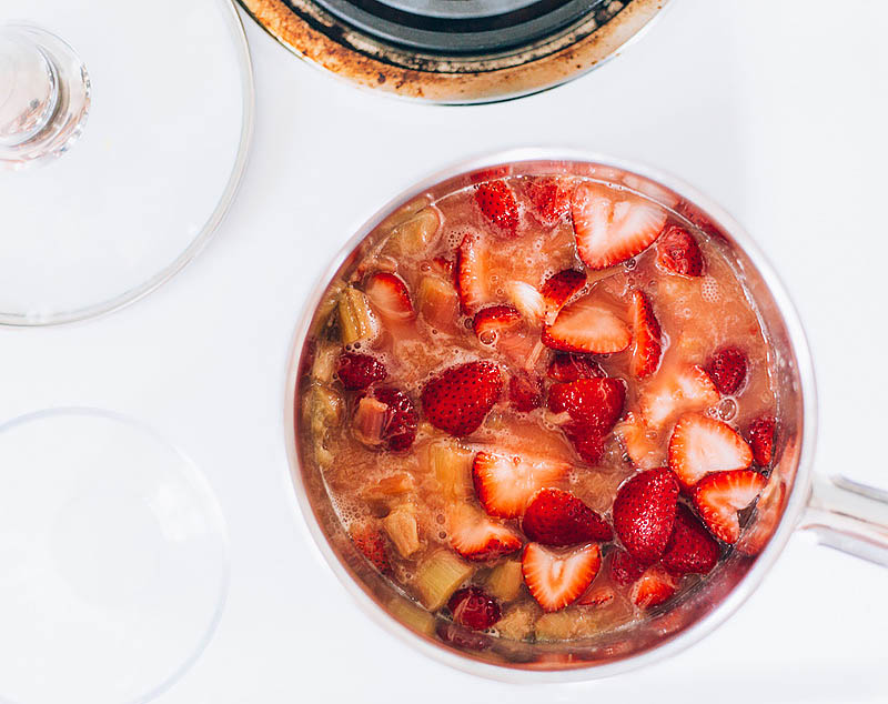 strawberries and rhubarb cooking