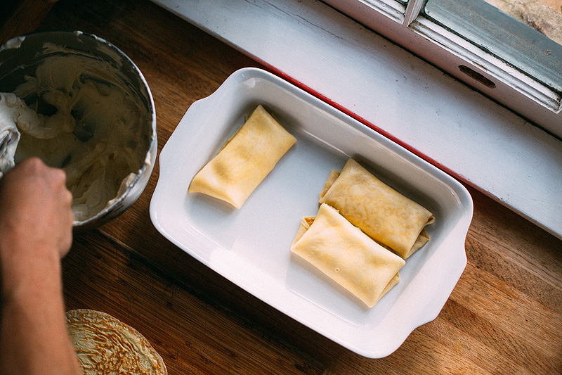 Cheese Blintzes in a casserole dish