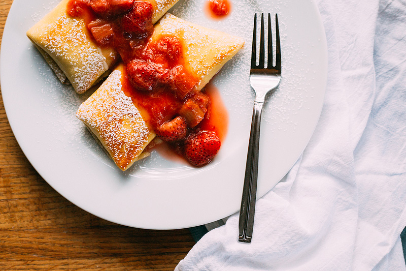 cheese blintz with strawberry rhubarb compote