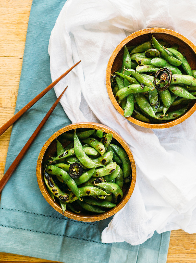 spicy edamame in wooden bowls