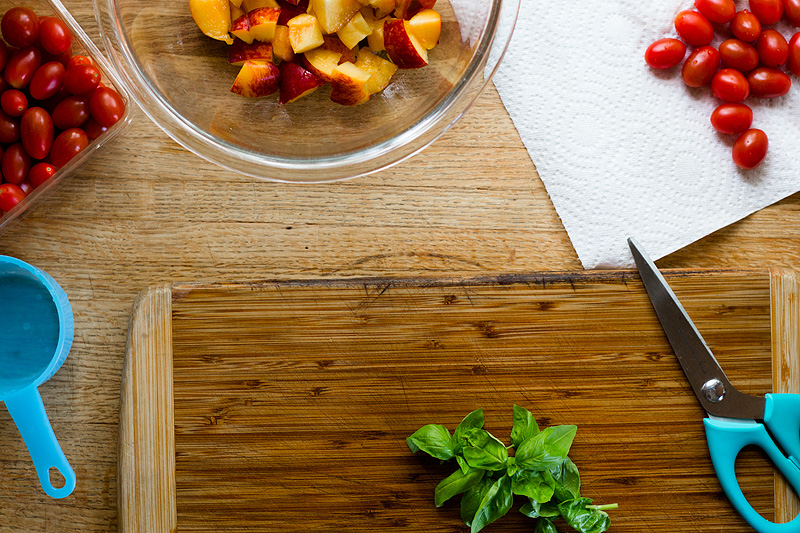 peaches, tomatoes, and fresh basil