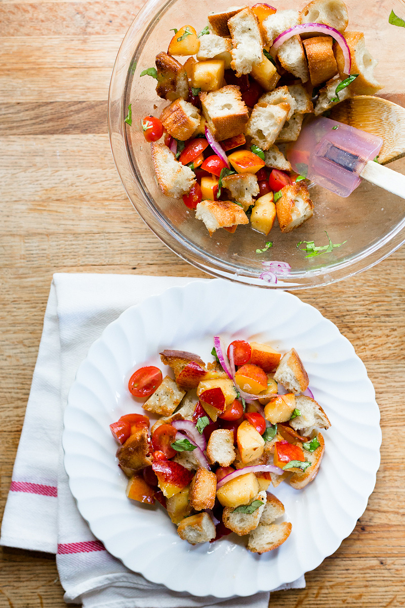 serving peach panzanella