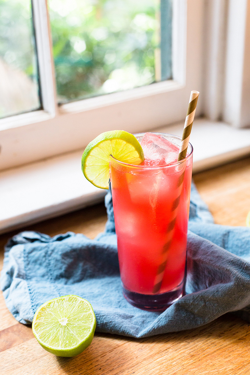 A glass of watermelon lime agua fresca.