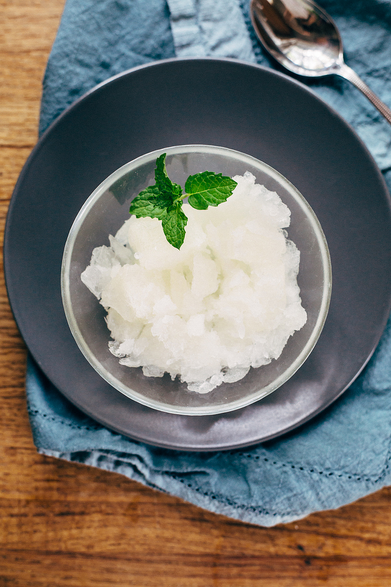 granita in a bowl with a sprig of mint