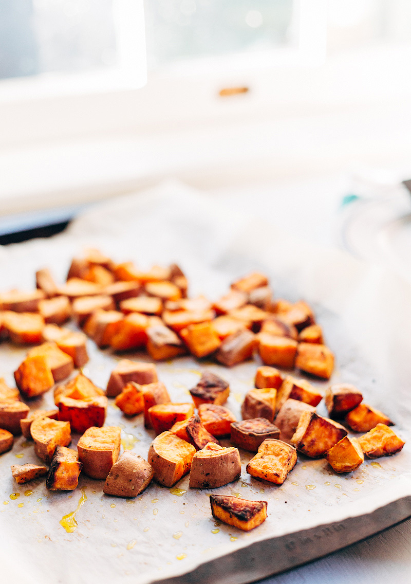 coconut oil sweet potatoes on a baking sheet