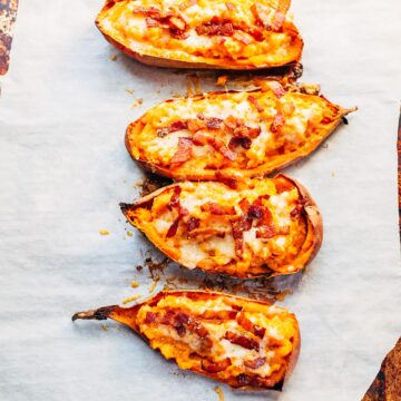 Sweet potato skins topped with bacon and cheese