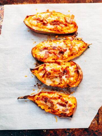 Sweet potato skins topped with bacon and cheese