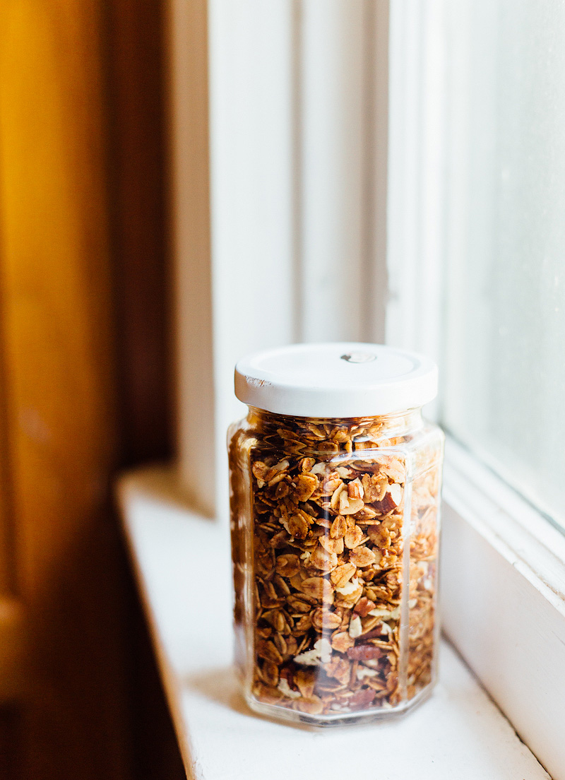 pecan granola on a windowsill