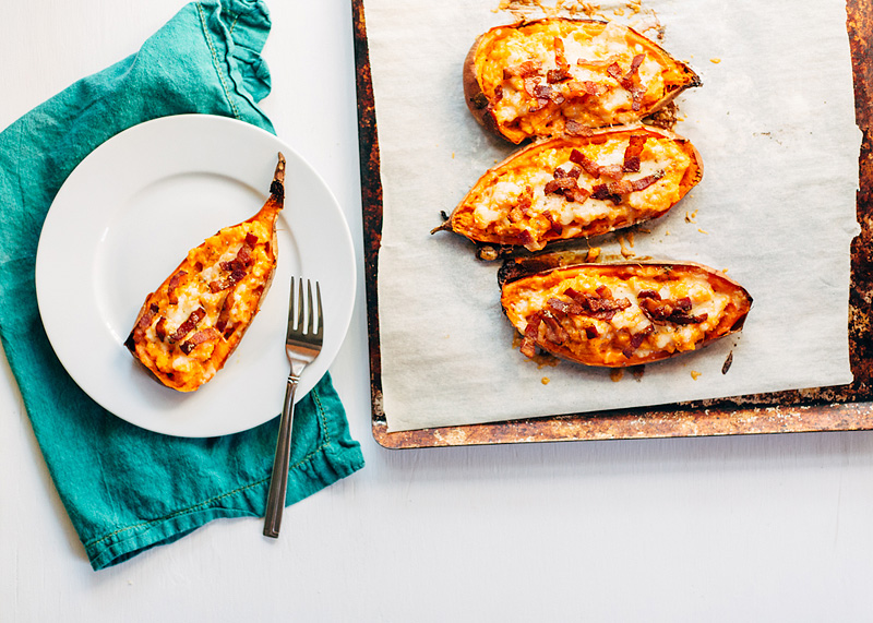 stuffed sweet potato skins with bacon and cheese