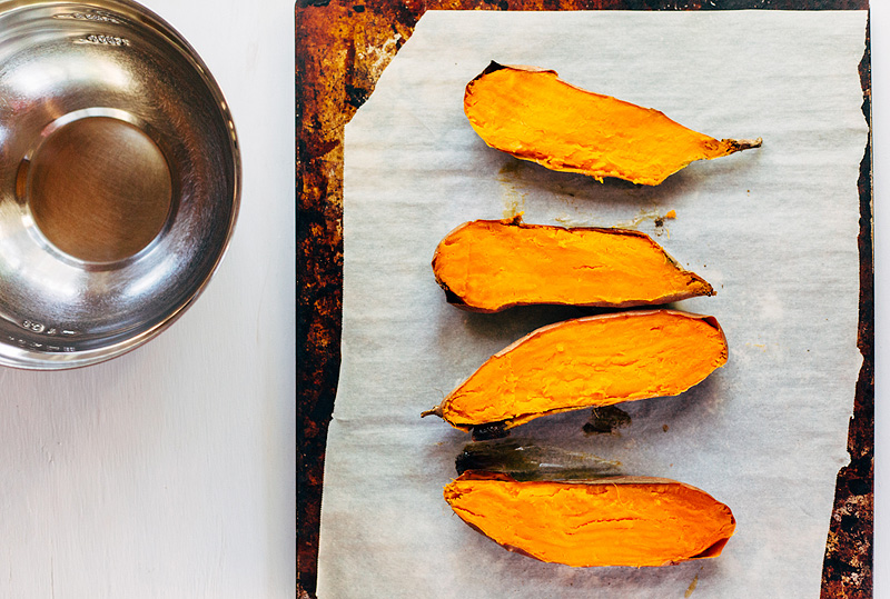 sweet potatoes sliced in half