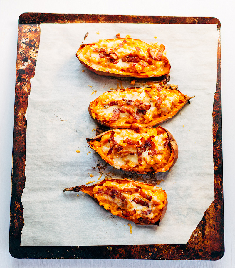 stuffed sweet potato skins with bacon and cheese