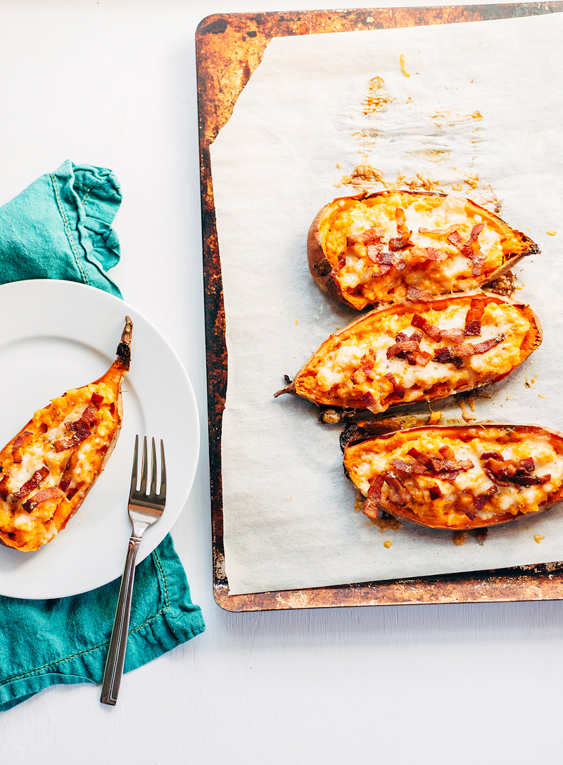 loaded sweet potato skins with bacon and cheese