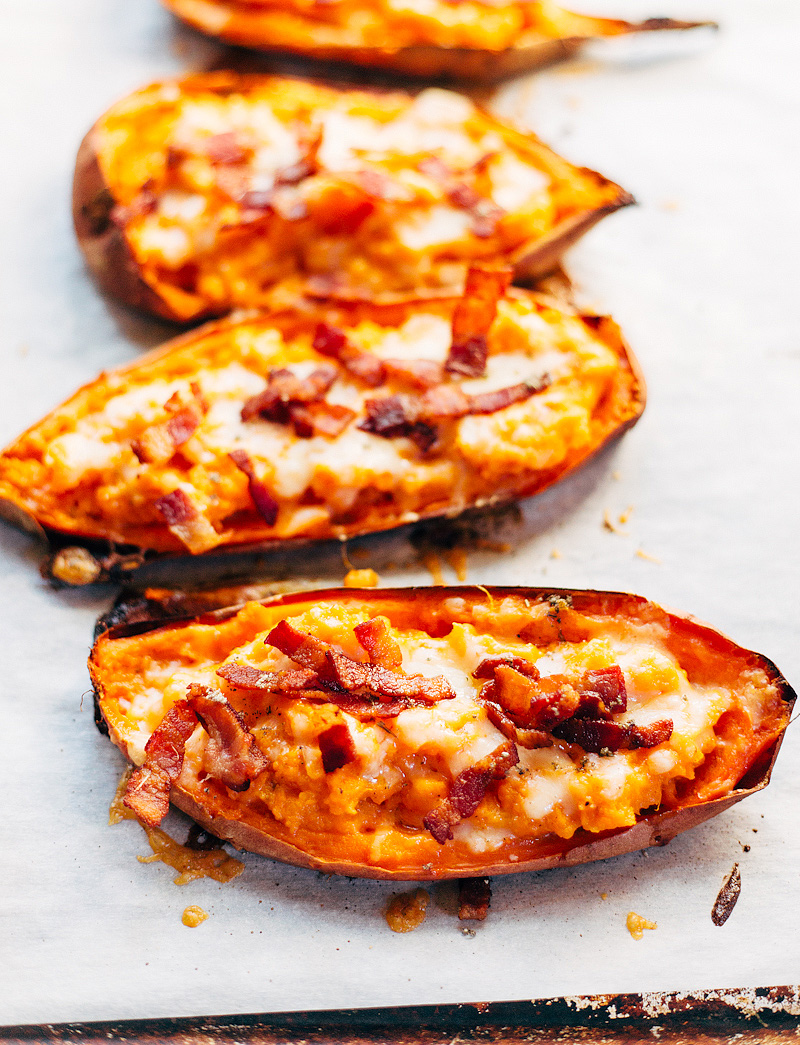 loaded sweet potato skins with bacon and cheese