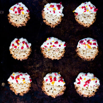 white chocolate florentines with cranberry and orange zest. From foodbanjo.com