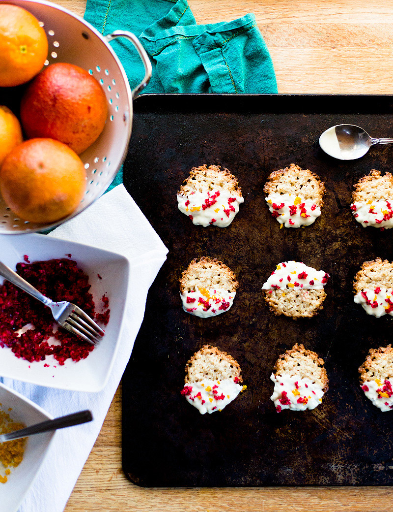 white chocolate florentines with cranberry and orange zest