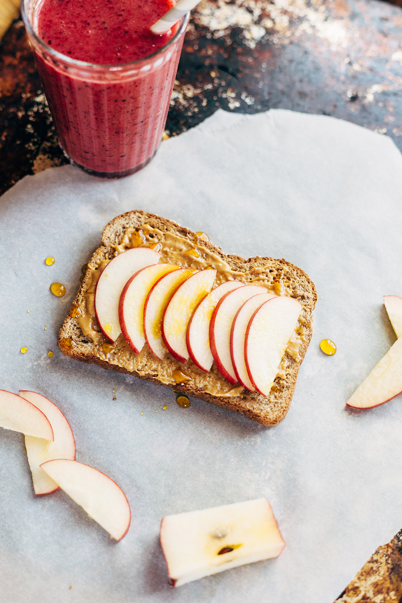 Peanut Butter Toast with Apples and Honey with a smoothie on the side.