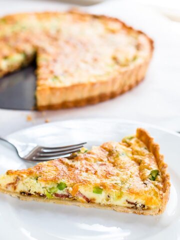 Slice of quiche on a plate.