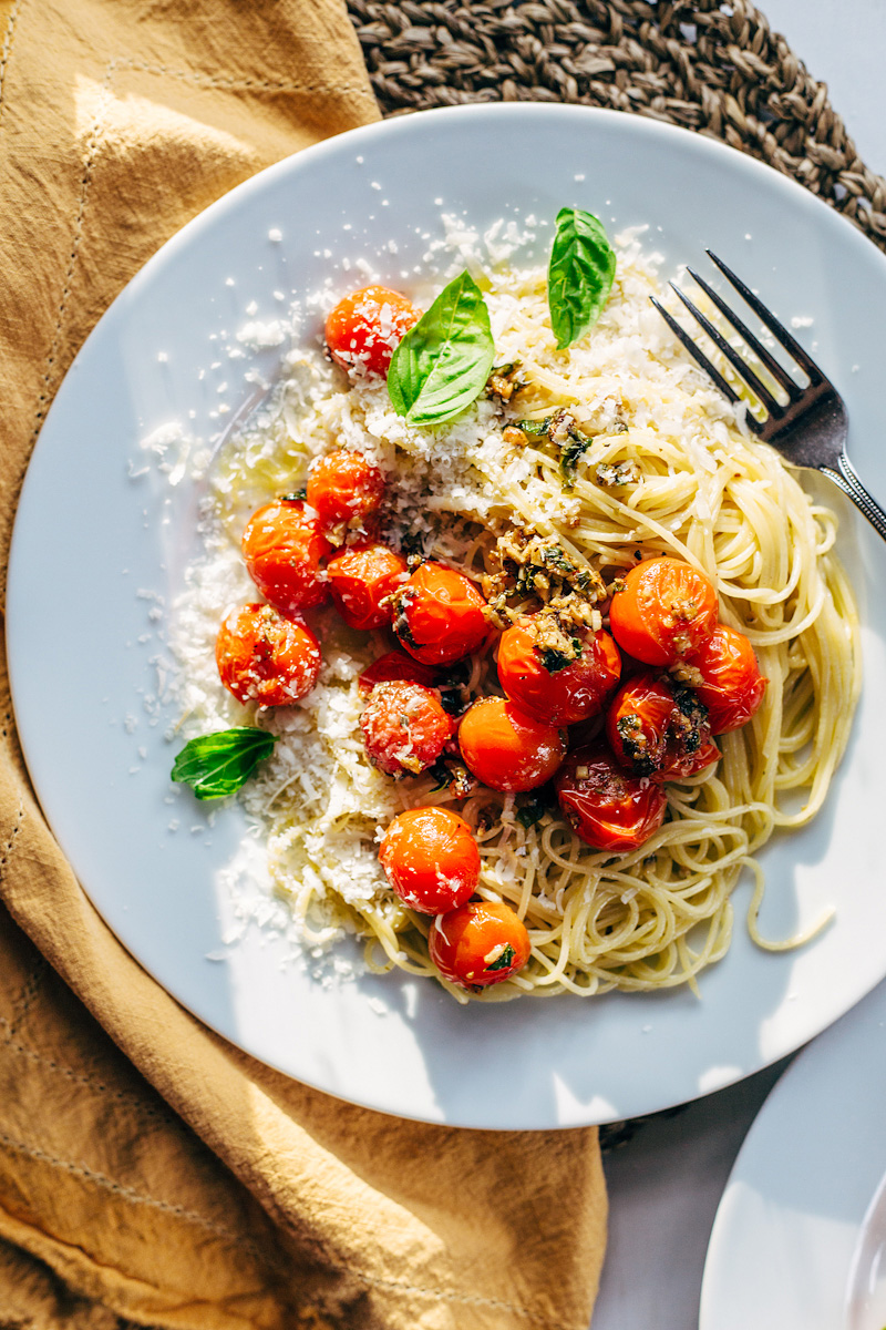 Tomato Basil Pasta with Parmesan and a fork