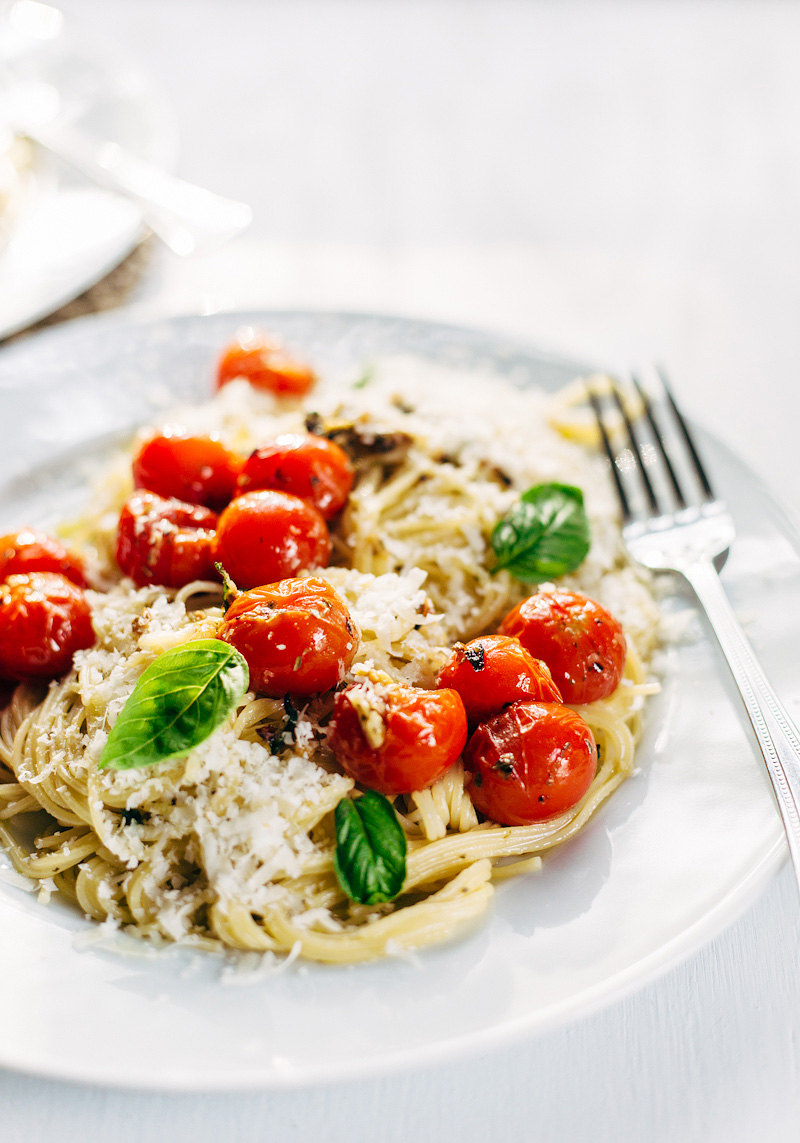 Tomato Basil Pasta with Parmesan cheese and a fork