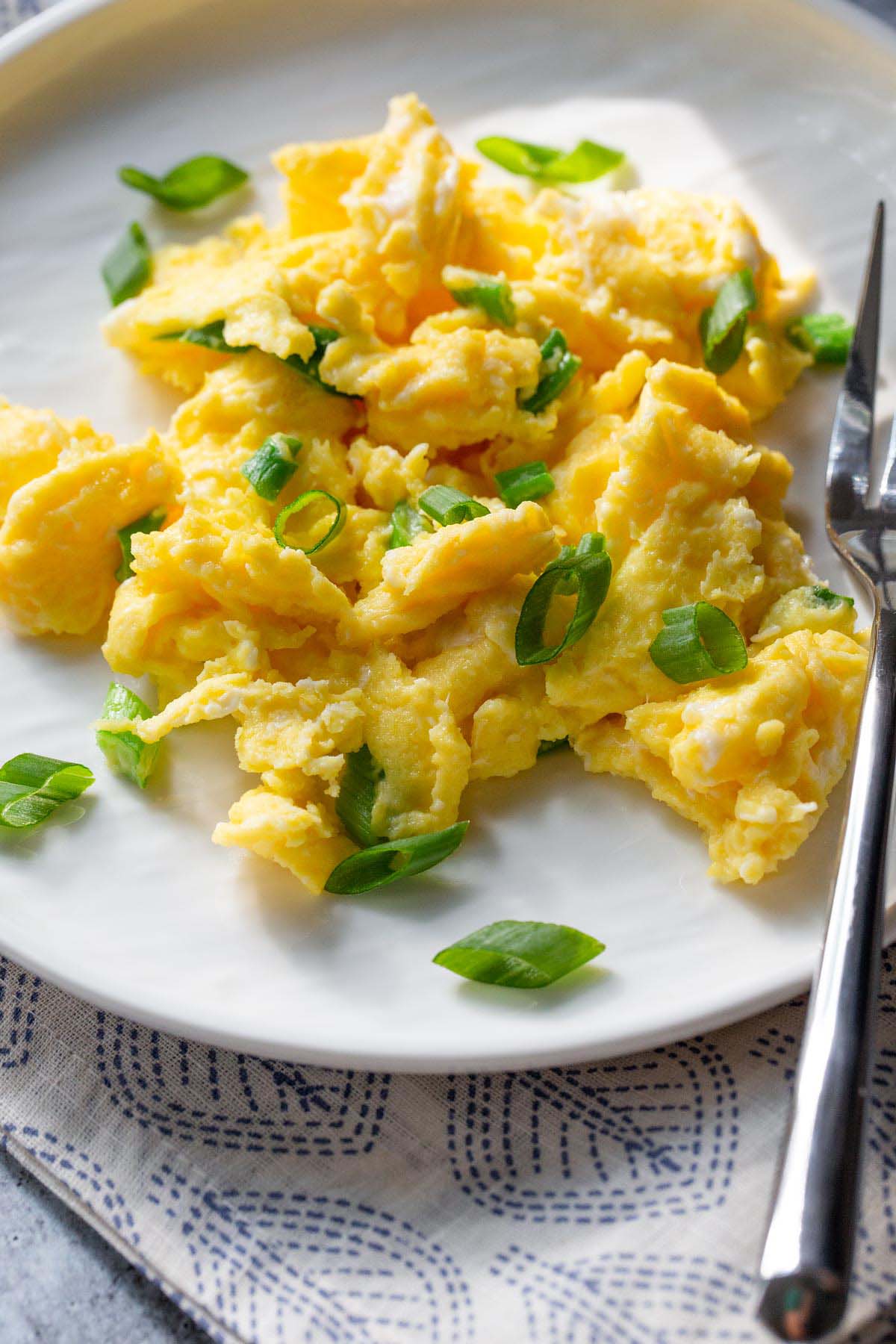 Scrambled eggs with green onions.