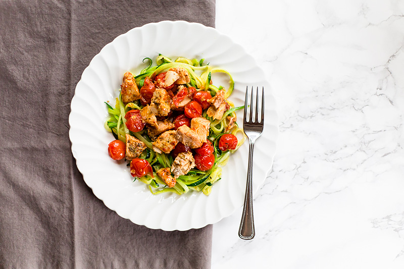 whole30 Tomato Chicken Pasta with zucchini noodles