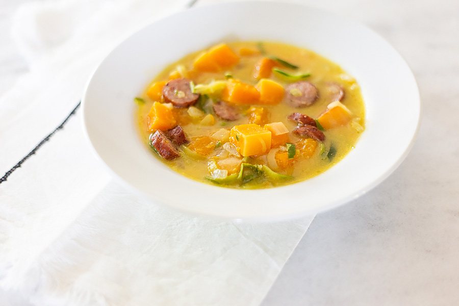 Butternut Squash Soup with zucchini noodles and sausage