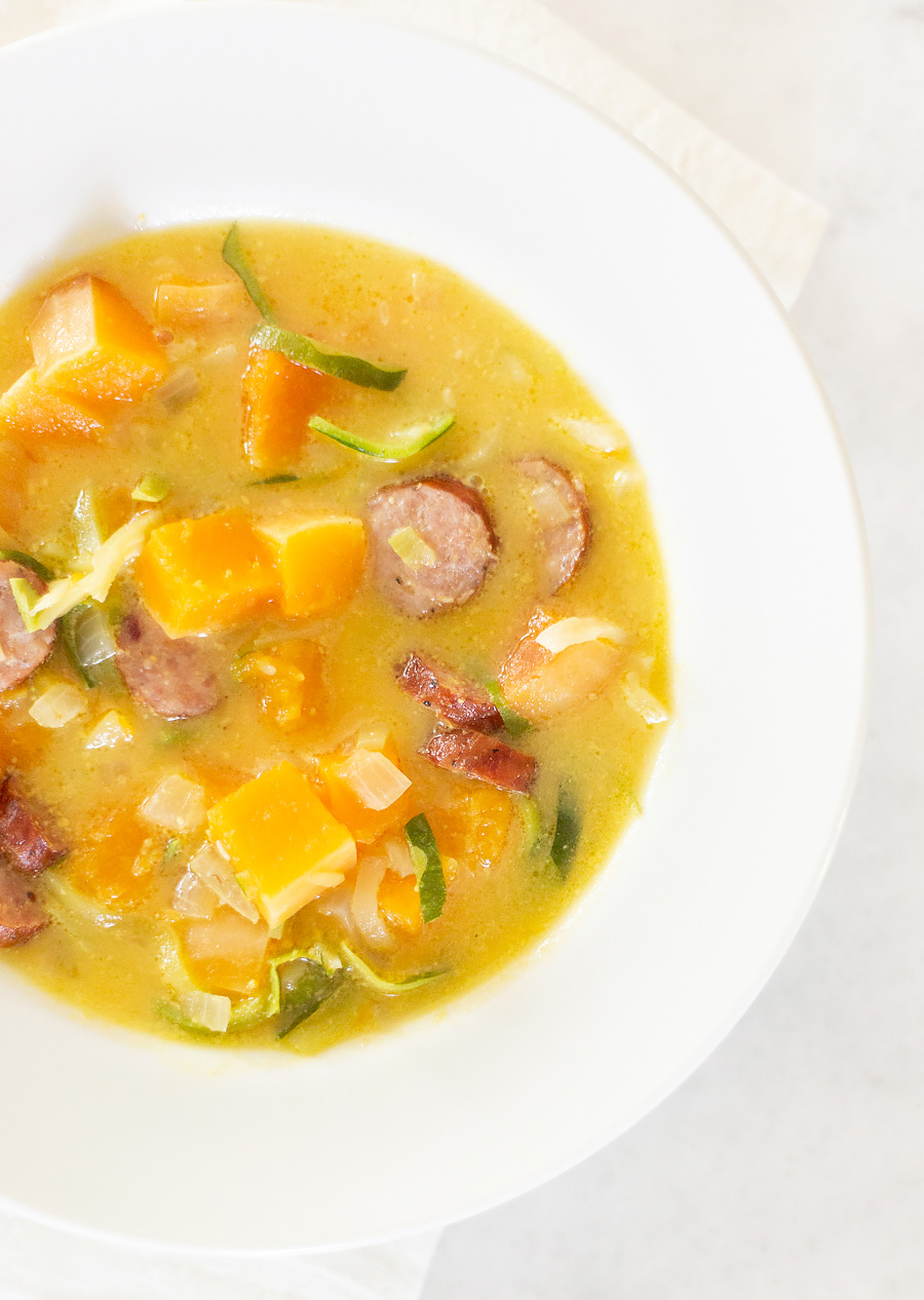 Butternut Squash Soup With Sausage and Zoodles. It's Whole30, healthy, and delicious!