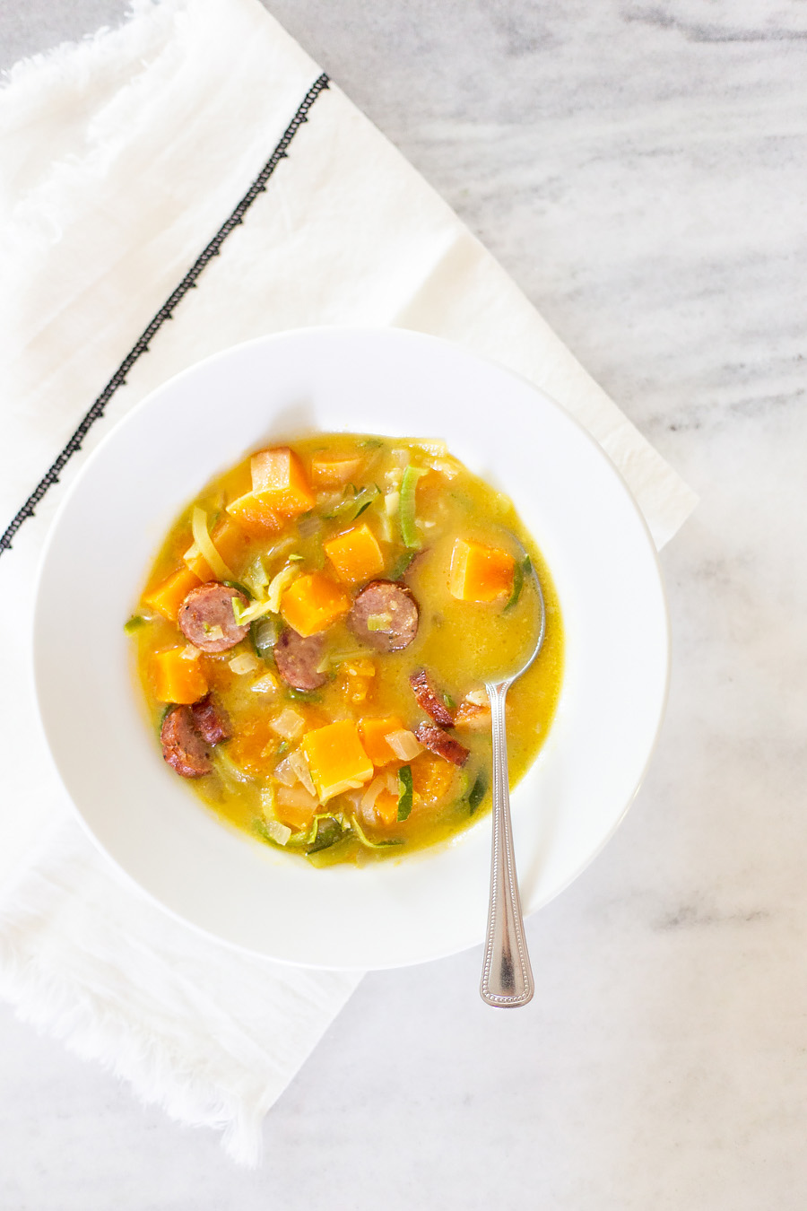 Butternut Squash Soup with zucchini noodles and sausage