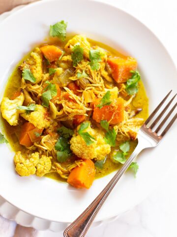 Chicken curry with sweet potatoes and cauliflower.