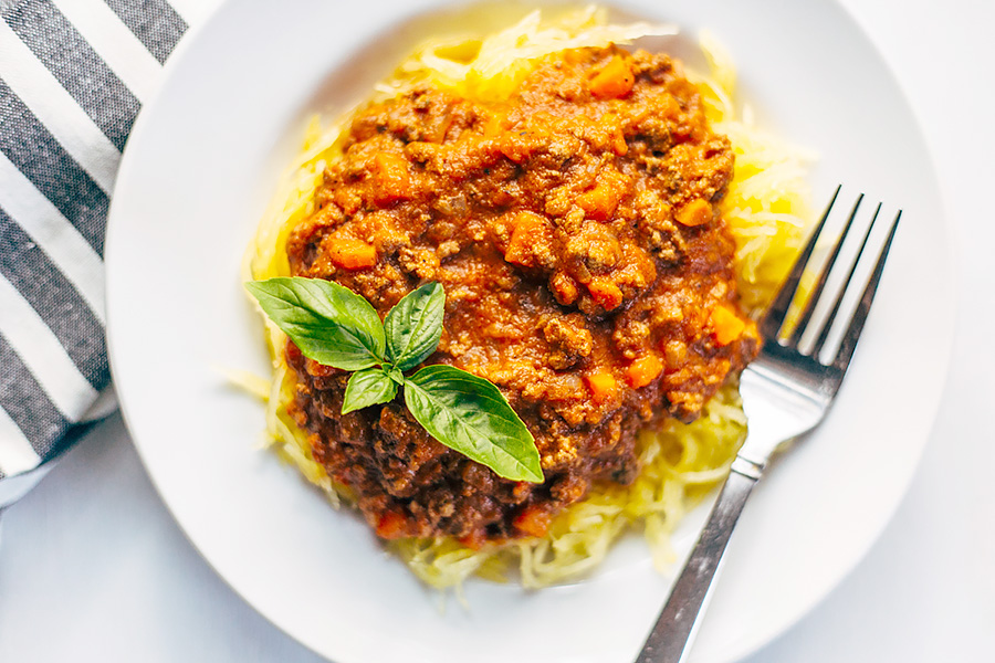 Bolognese sauce on top of spaghetti squash.