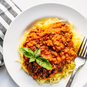 Bolognese sauce served on top of spaghetti squash