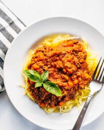 Bolognese sauce served on top of spaghetti squash