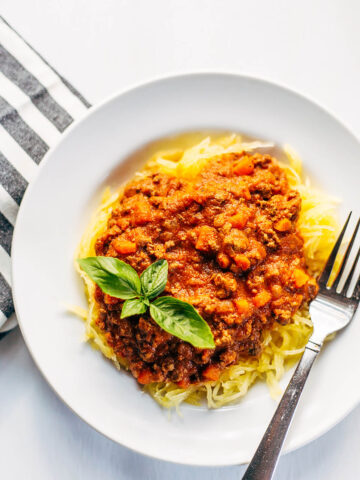 Bolognese sauce served on top of spaghetti squash