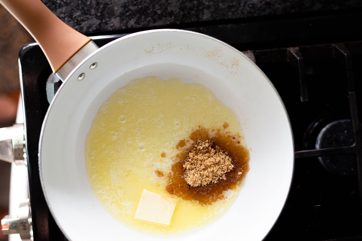 melting butter and brown sugar in a skillet.