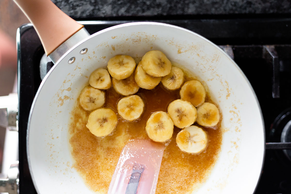 bananas and caramel sauce in a skillet.