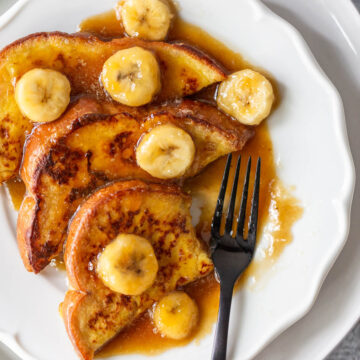bananas foster french toast with a fork