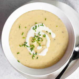 Instant Pot Potato and Leek Soup with a swirl of cream