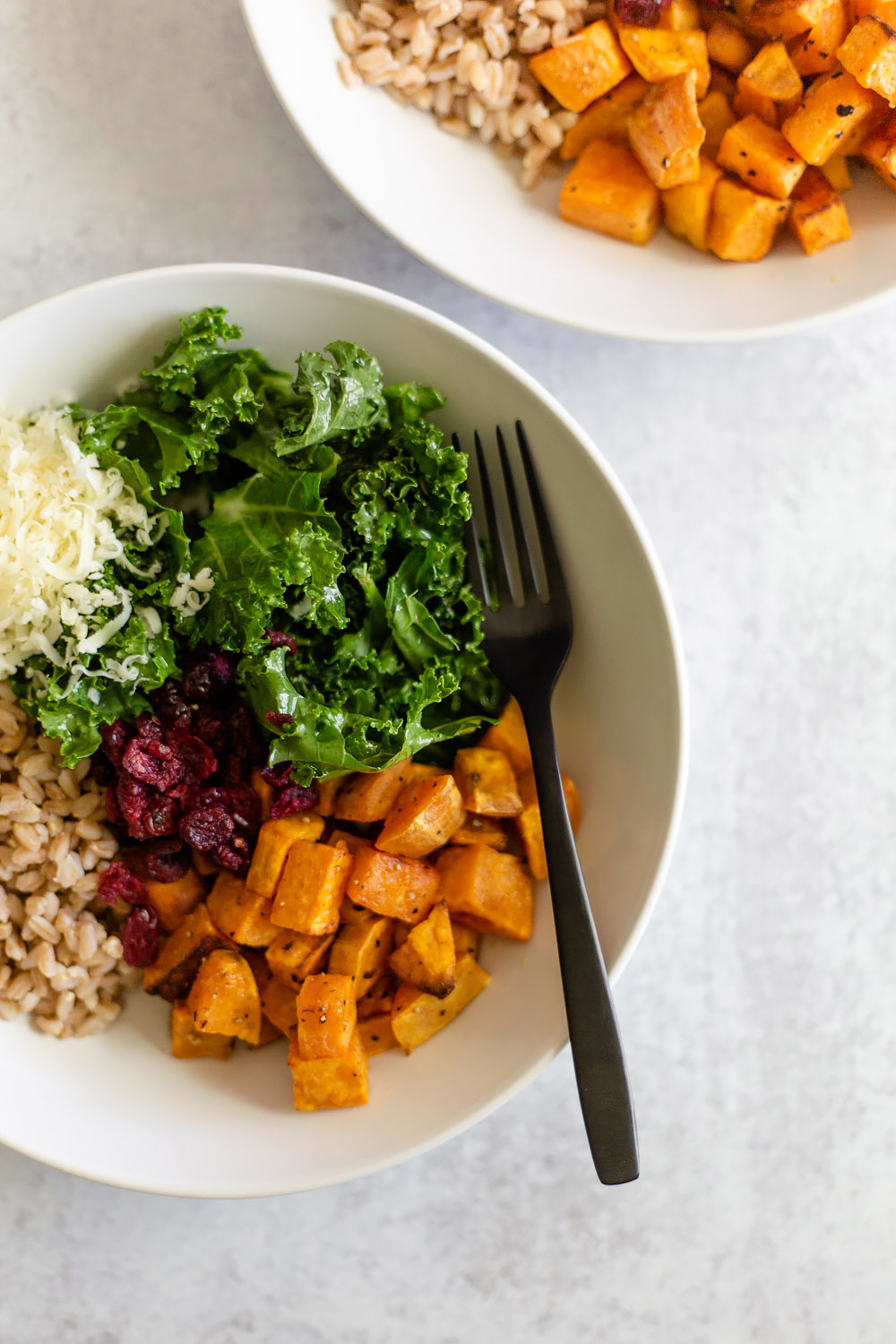 farro bowl with sweet potato and kale