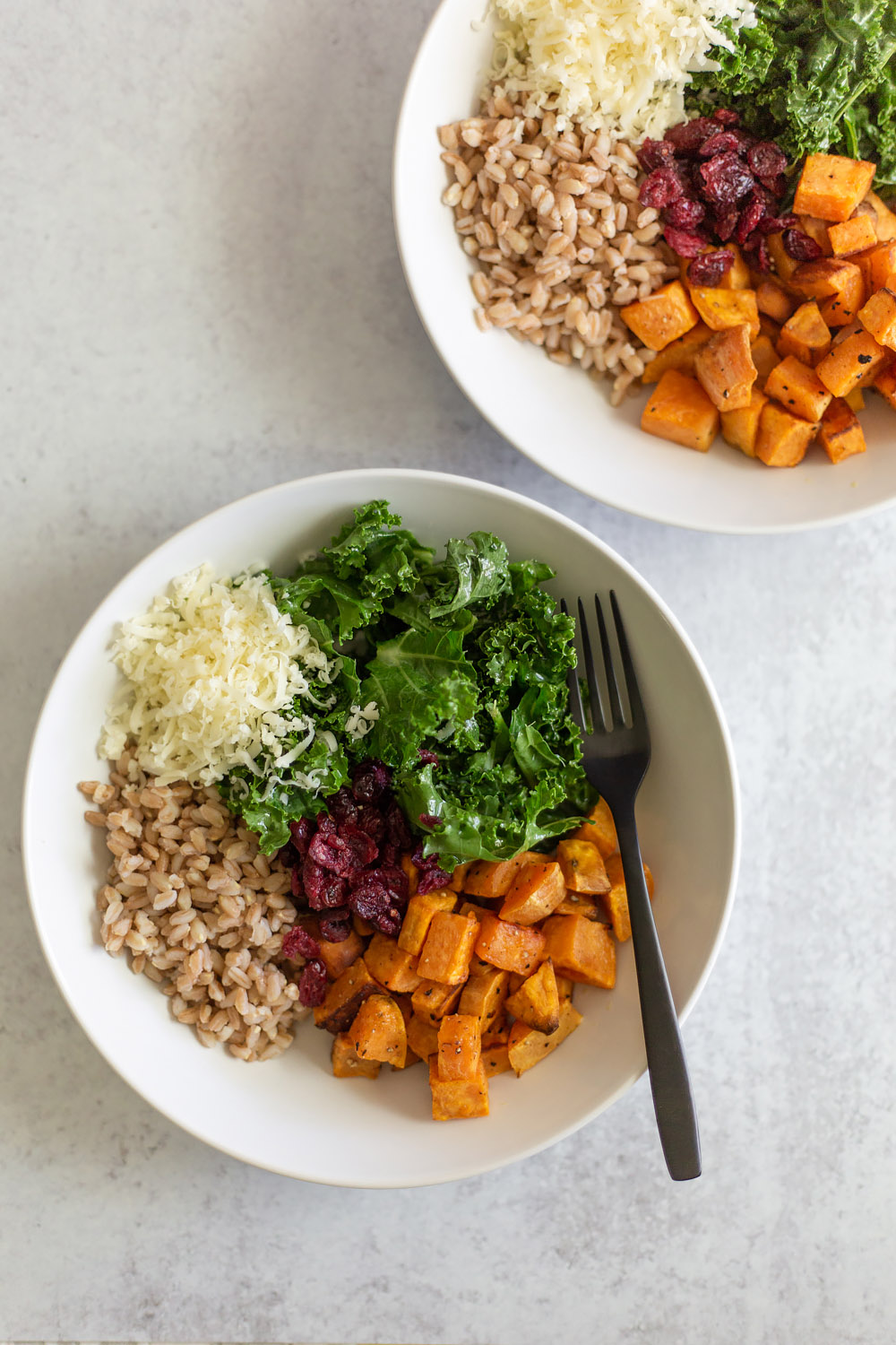 farro bowl with sweet potato and kale