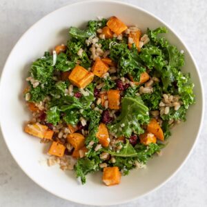 Winter farro salad with kale and sweet potatoes.