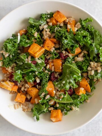 Winter farro salad with kale and sweet potatoes.