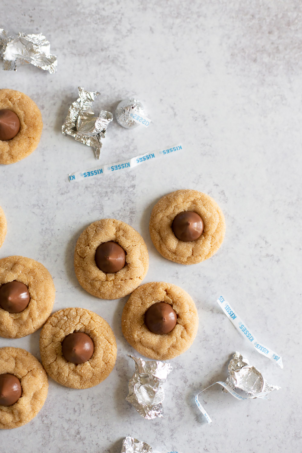 peanut butter blossoms from above with hershey's kiss wrappers