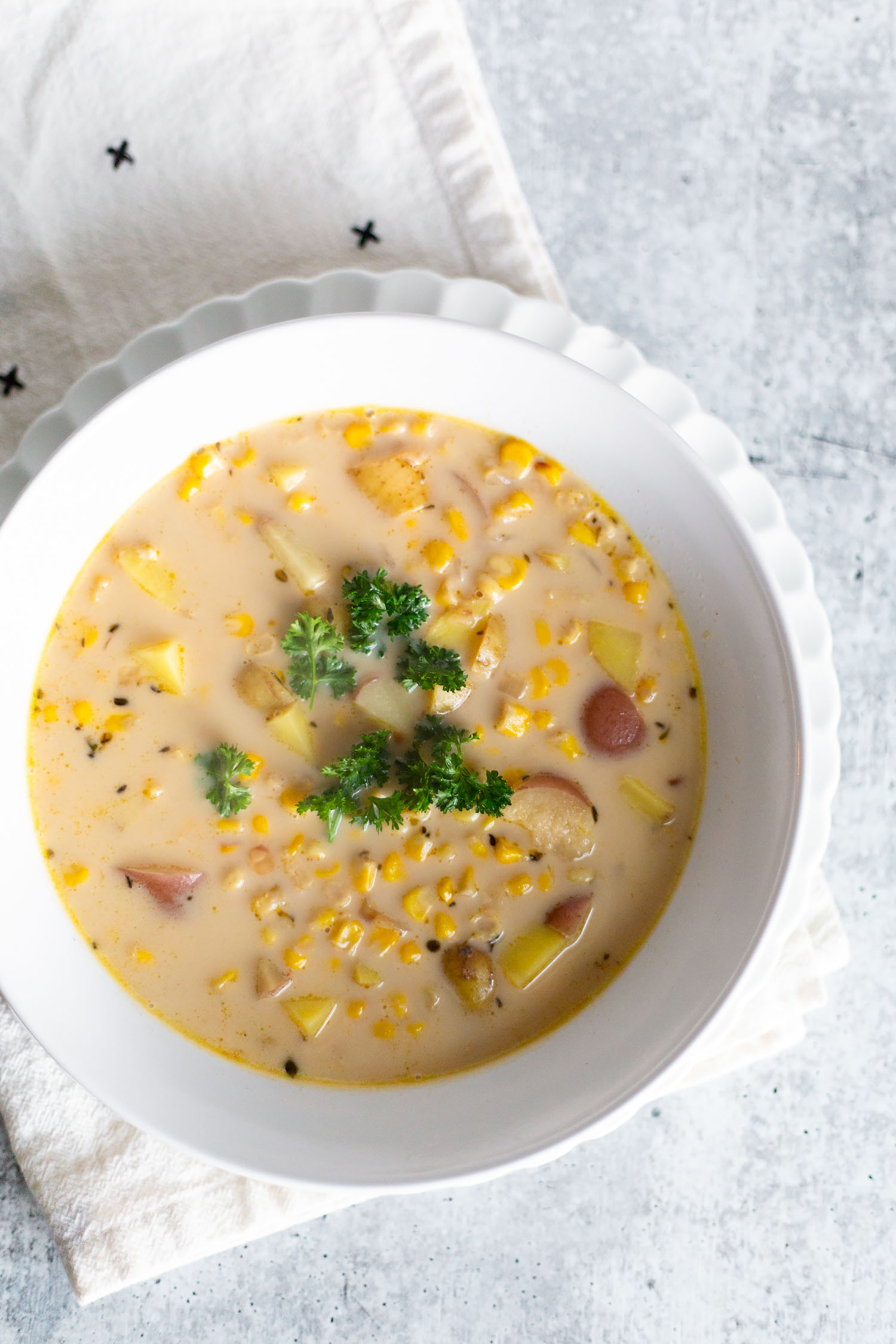 frozen corn chowder topped with parsley
