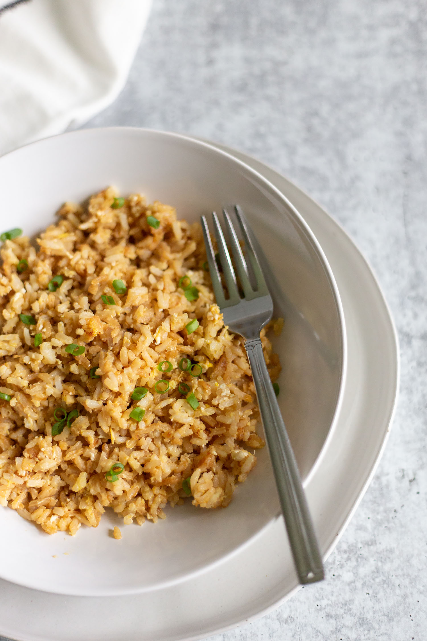 fried rice in a bowl topped with green onions