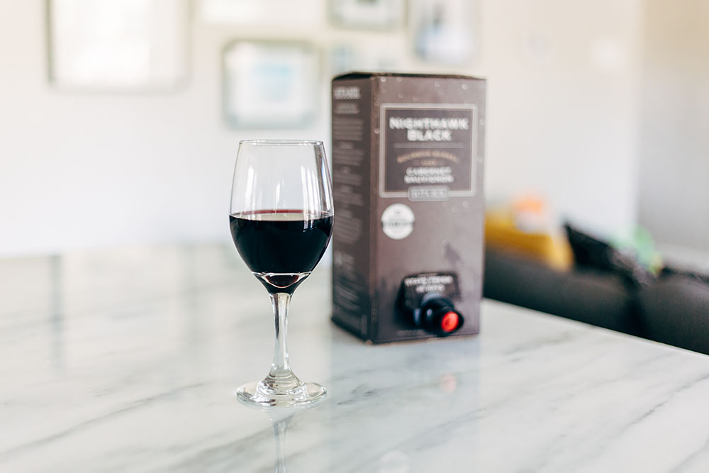 boxed wine on a table