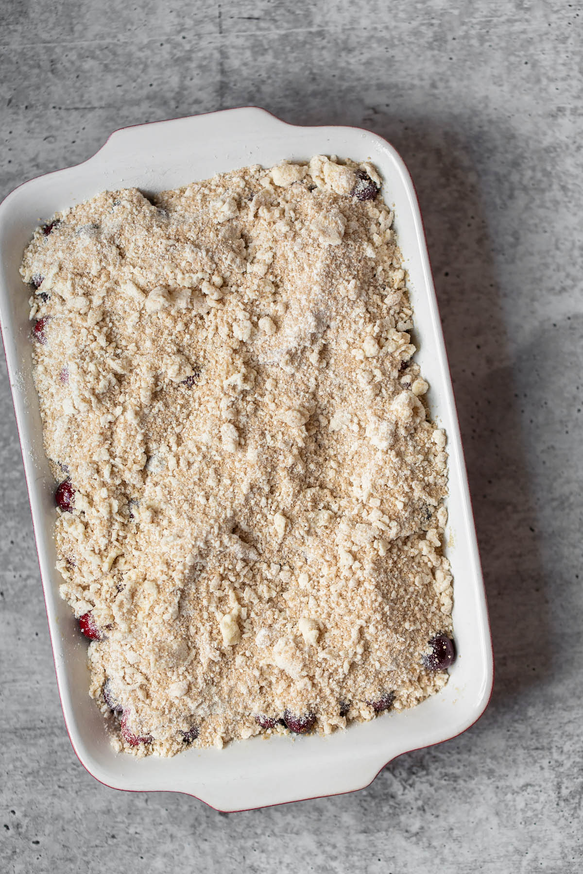 cranberry crumble about to go into the oven