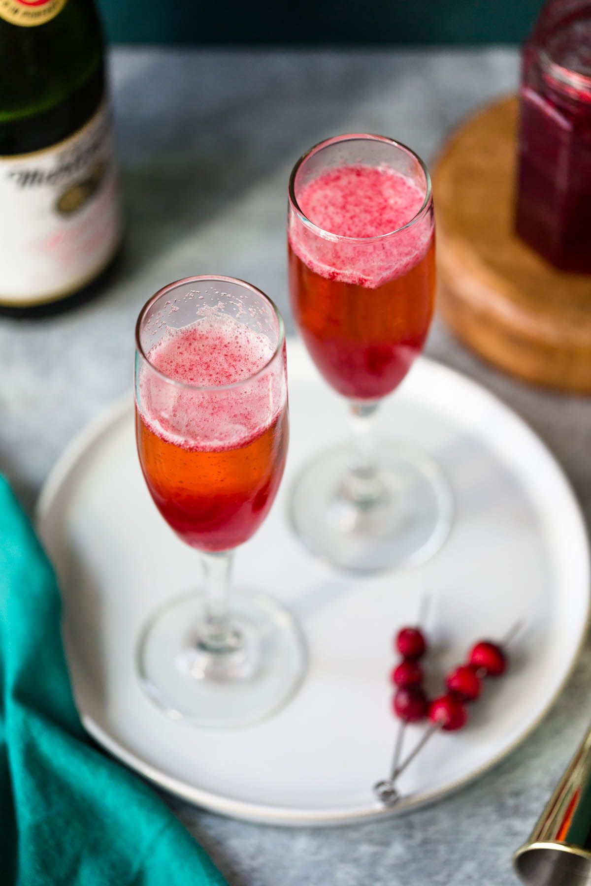 cranberry mocktails in champagne glasses